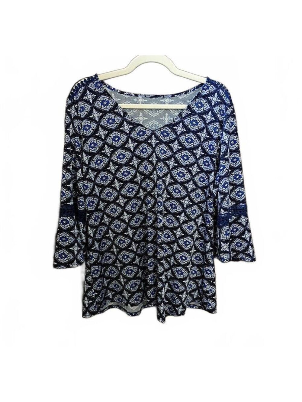 Women's Blue Patterned 3/4 Sleeve Blouse with Crochet Detail Size XL